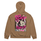 back view oversized brown graphic streetwear hoodie pink graffiti skull graphic urban streetwear outfit