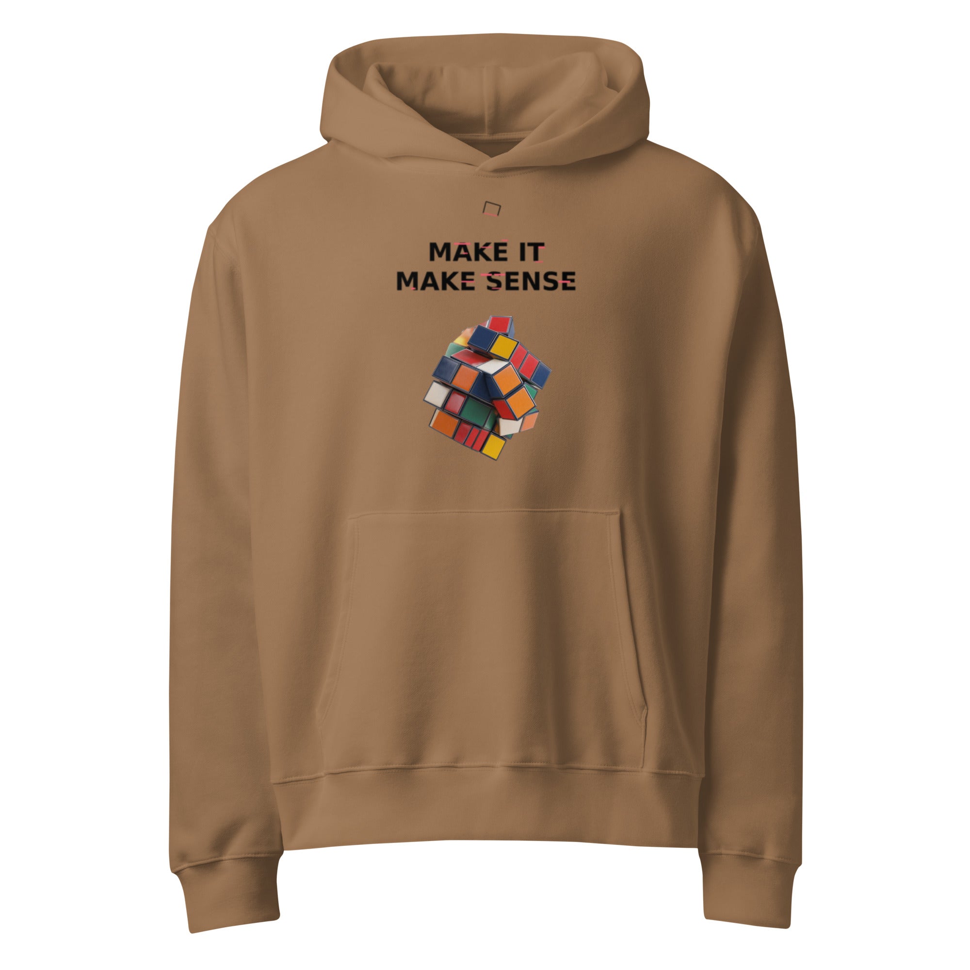 Oversized vintage brown streetwear hoodie with make it make sense typography and colorful distorted cube graphic, front view