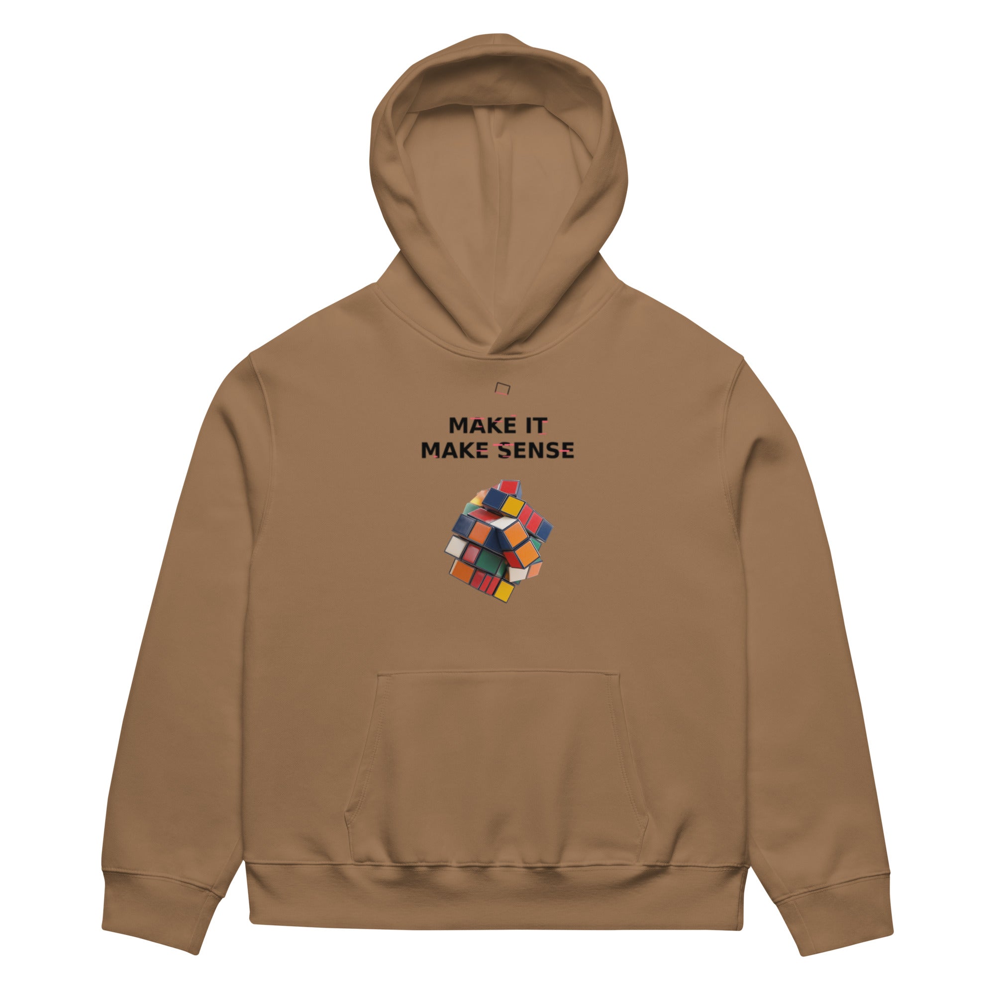 Oversized vintage brown streetwear hoodie with make it make sense typography and colorful distorted cube graphic, front view