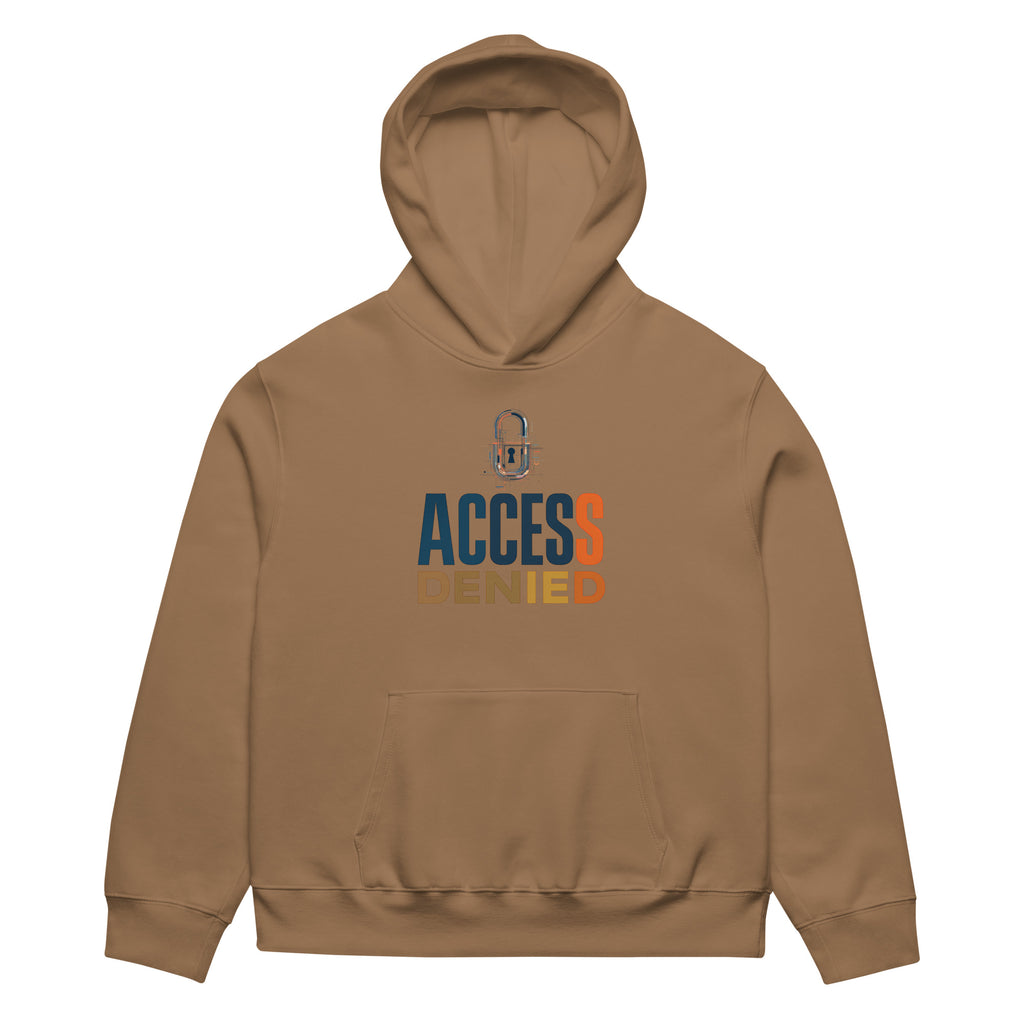 Brown oversized graphic hoodie front view with Access Denied typography