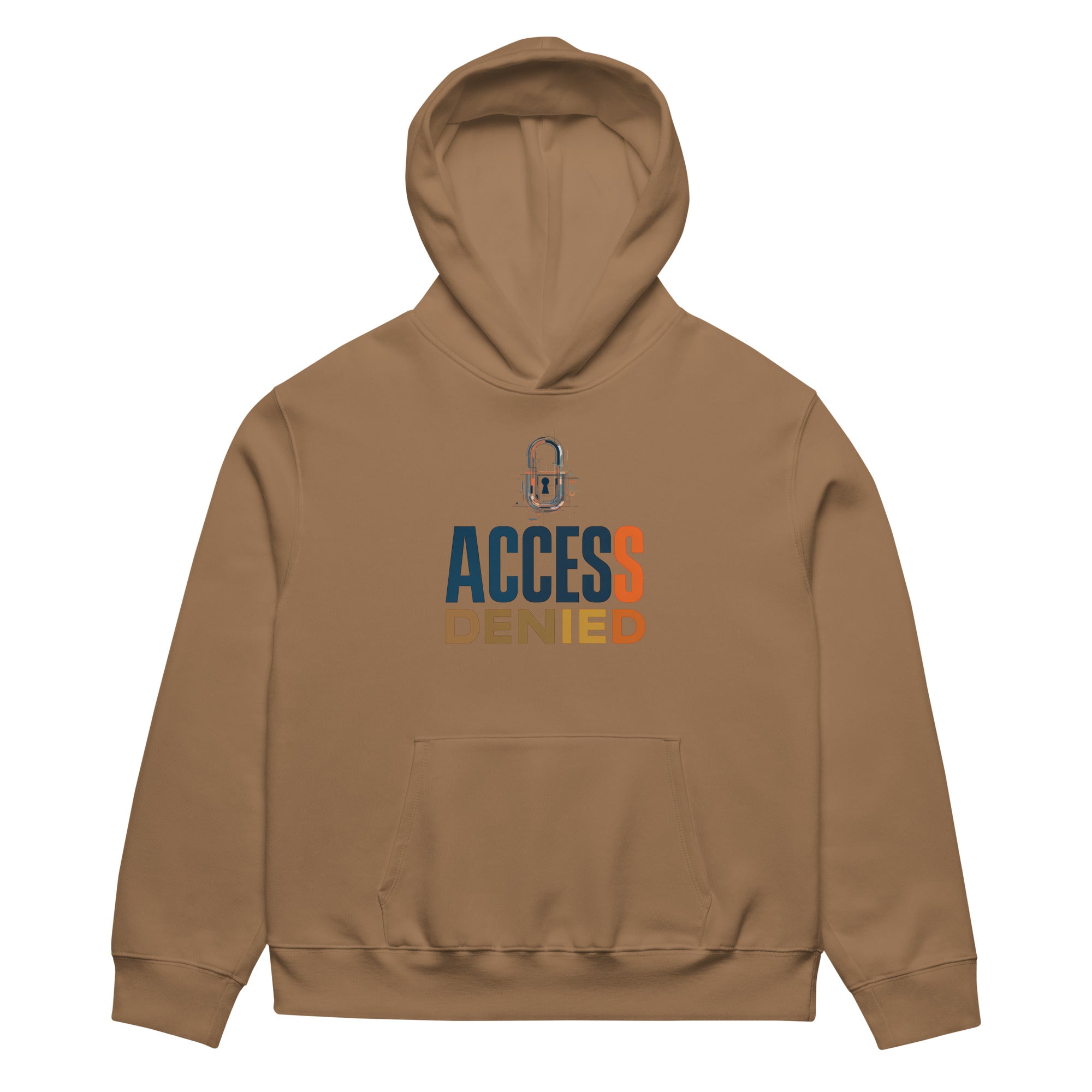 Brown oversized graphic hoodie front view with Access Denied typography