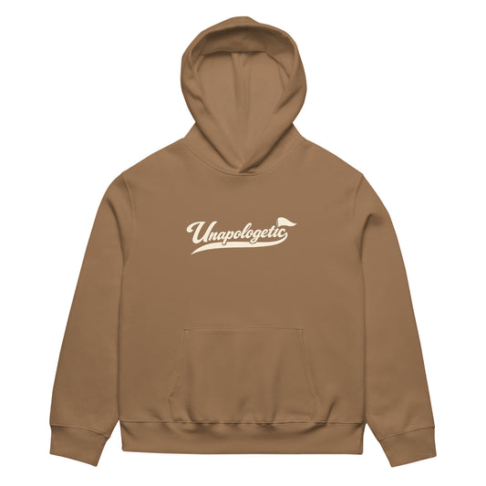 unisex streetwear hoodie front view with Unapologetic script logo
