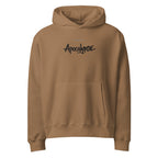 Brown Noiré hoodie with subtle “Apocalypse” logo on chest, front view, clean studio apparel mockup, urban streetwear style.
