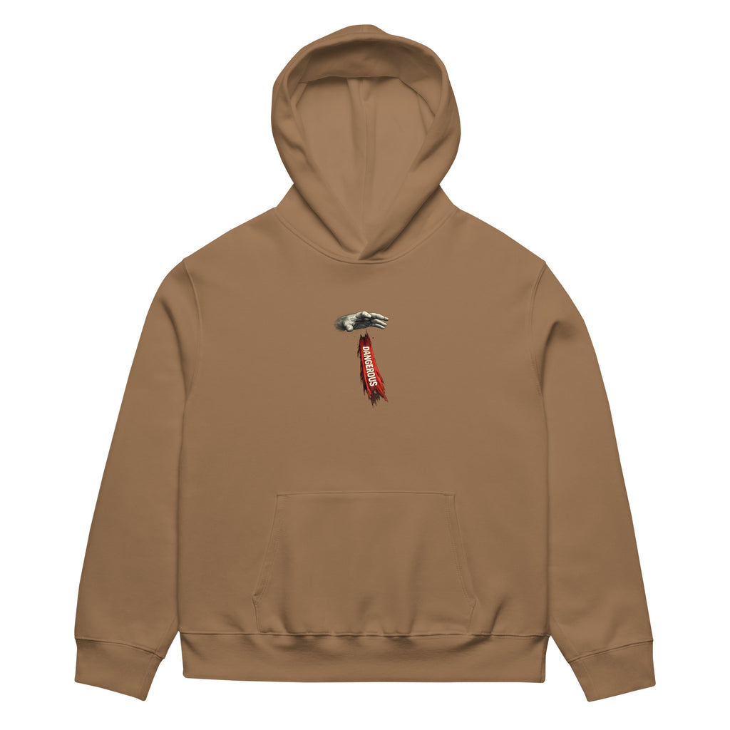 Brown oversized hoodie front view with small vertical red chest logo