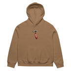 Brown oversized hoodie front view with small vertical red chest logo