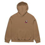 front view oversized brown graphic streetwear hoodie minimal chest logo streetwear fashion
