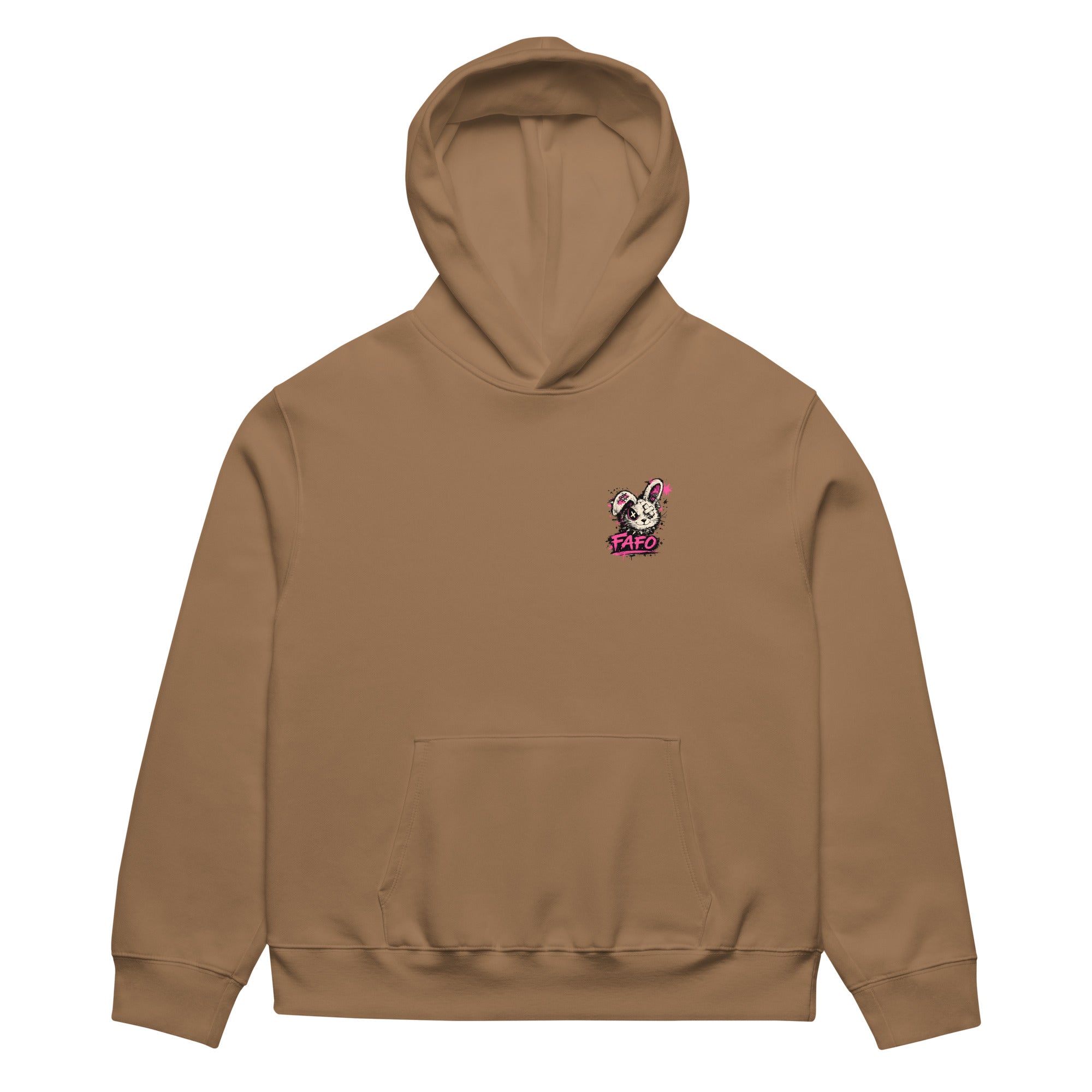 front view oversized brown graphic streetwear hoodie minimal chest logo streetwear fashion