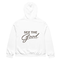 White unisex streetwear hoodie back view with “See The Good” motivational typography print
