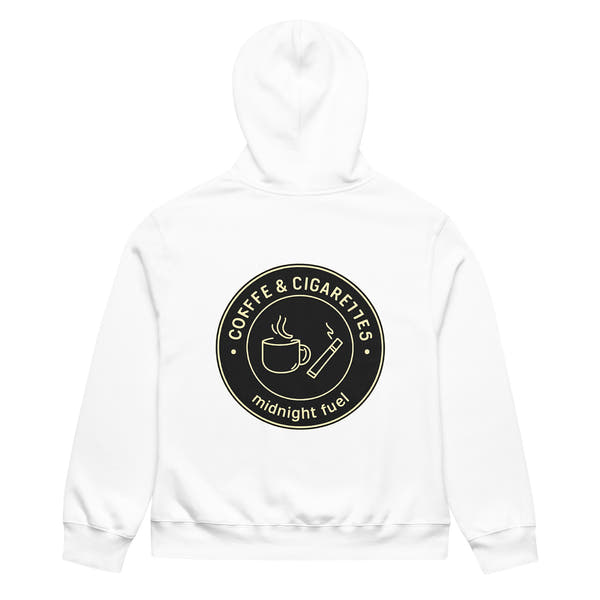 unisex streetwear hoodie back view with “Coffee & Cigarettes Midnight Club” circular graphic print
