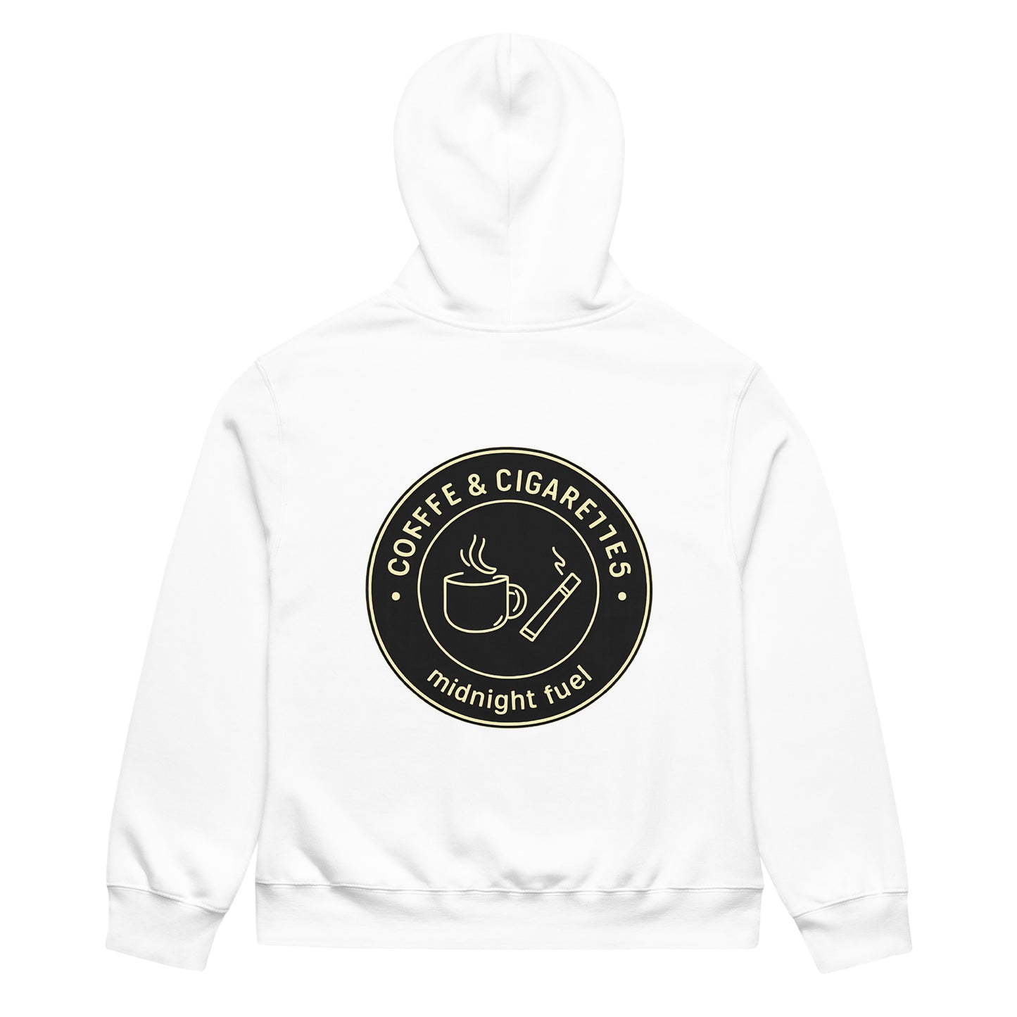 unisex streetwear hoodie back view with “Coffee & Cigarettes Midnight Club” circular graphic print
