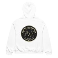 unisex streetwear hoodie back view with “Coffee & Cigarettes Midnight Club” circular graphic print
