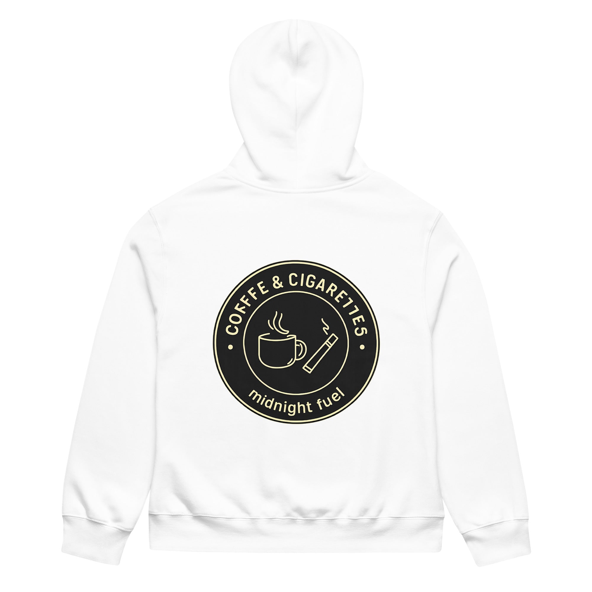 unisex streetwear hoodie back view with “Coffee & Cigarettes Midnight Club” circular graphic print
