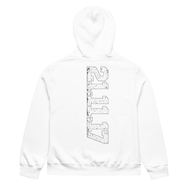 unisex hoodie back view with vertical “21.11.17” streetwear graphic print