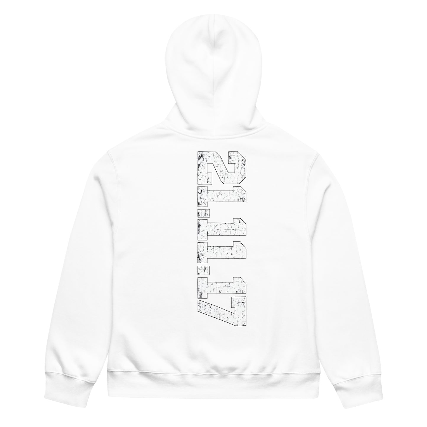 unisex hoodie back view with vertical “21.11.17” streetwear graphic print