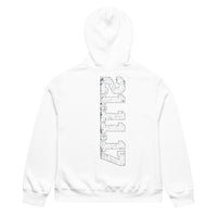 unisex hoodie back view with vertical “21.11.17” streetwear graphic print