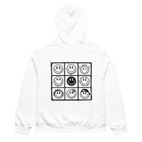 white unisex hoodie back view with smiley face grid pattern graphic print
