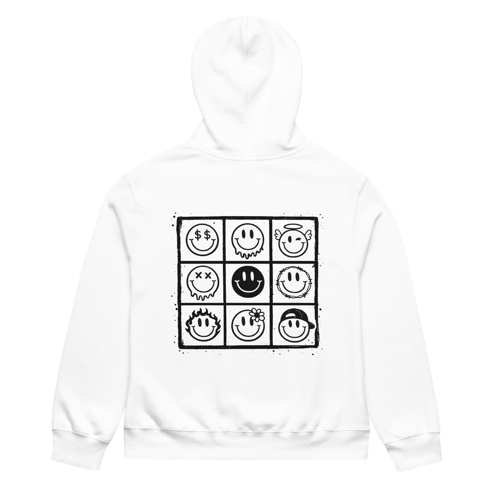 white unisex hoodie back view with smiley face grid pattern graphic print
