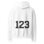 White Noiré hoodie with large “123” varsity number graphic on the back, rear view, streetwear hoodie mockup.