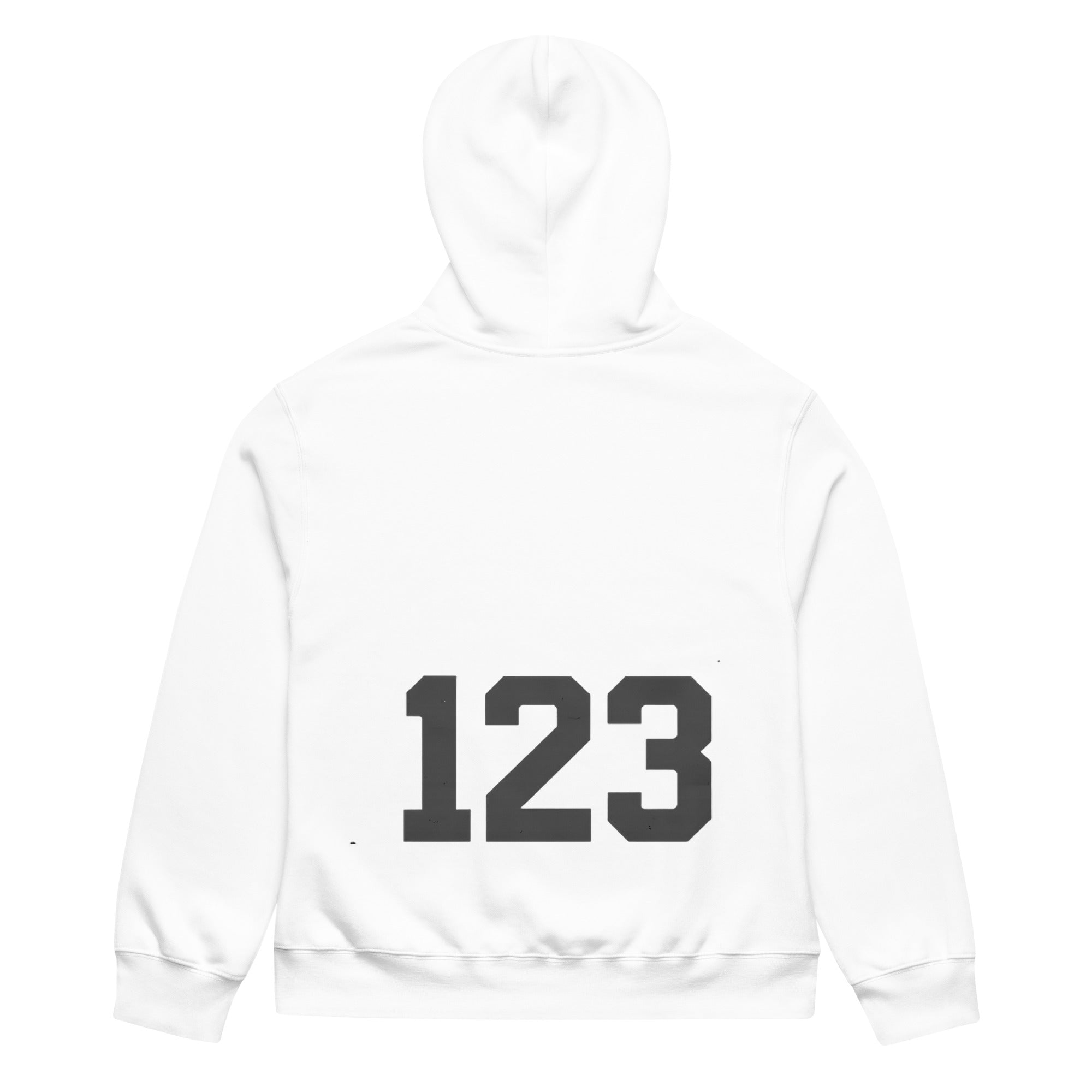White Noiré hoodie with large “123” varsity number graphic on the back, rear view, streetwear hoodie mockup.