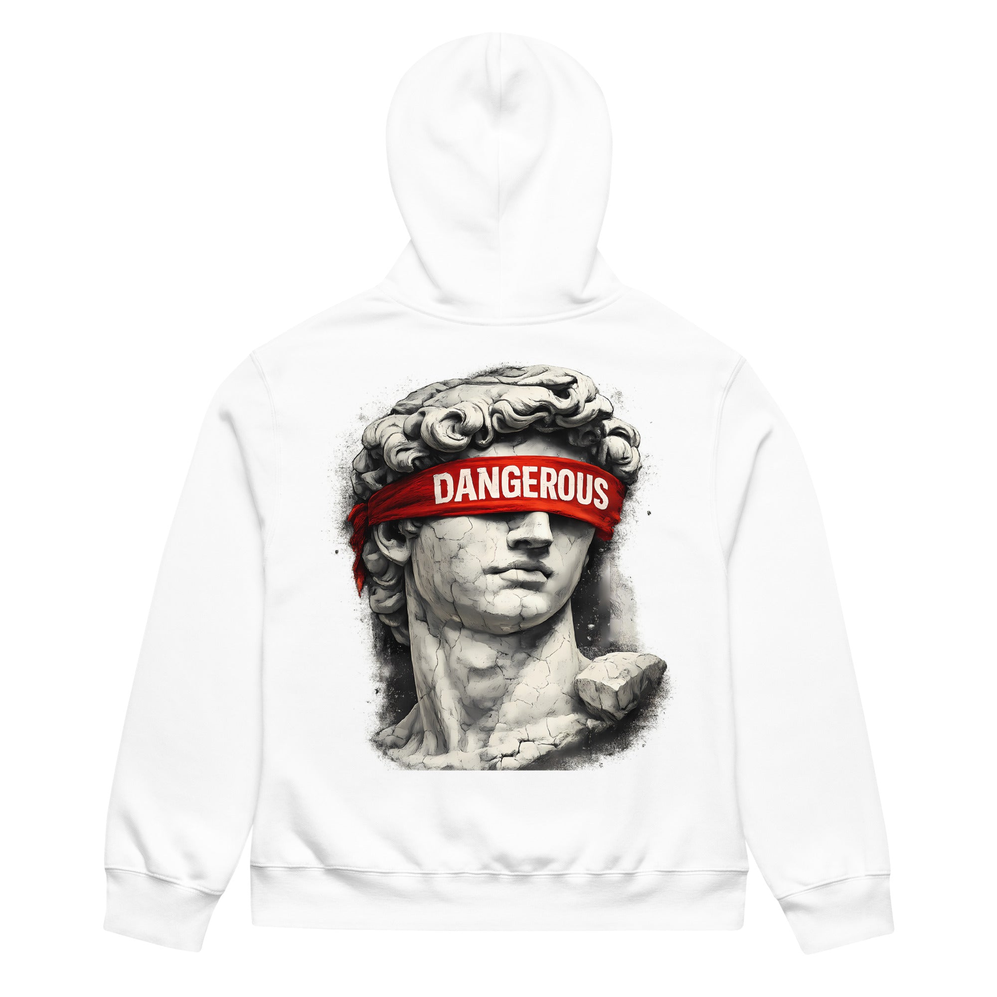 White oversized hoodie back view with large classical statue portrait graphic and bold streetwear typography