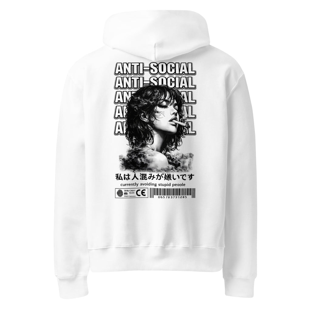 Oversized streetwear hoodie in white with anti social graphic portrait print and typography design, back view