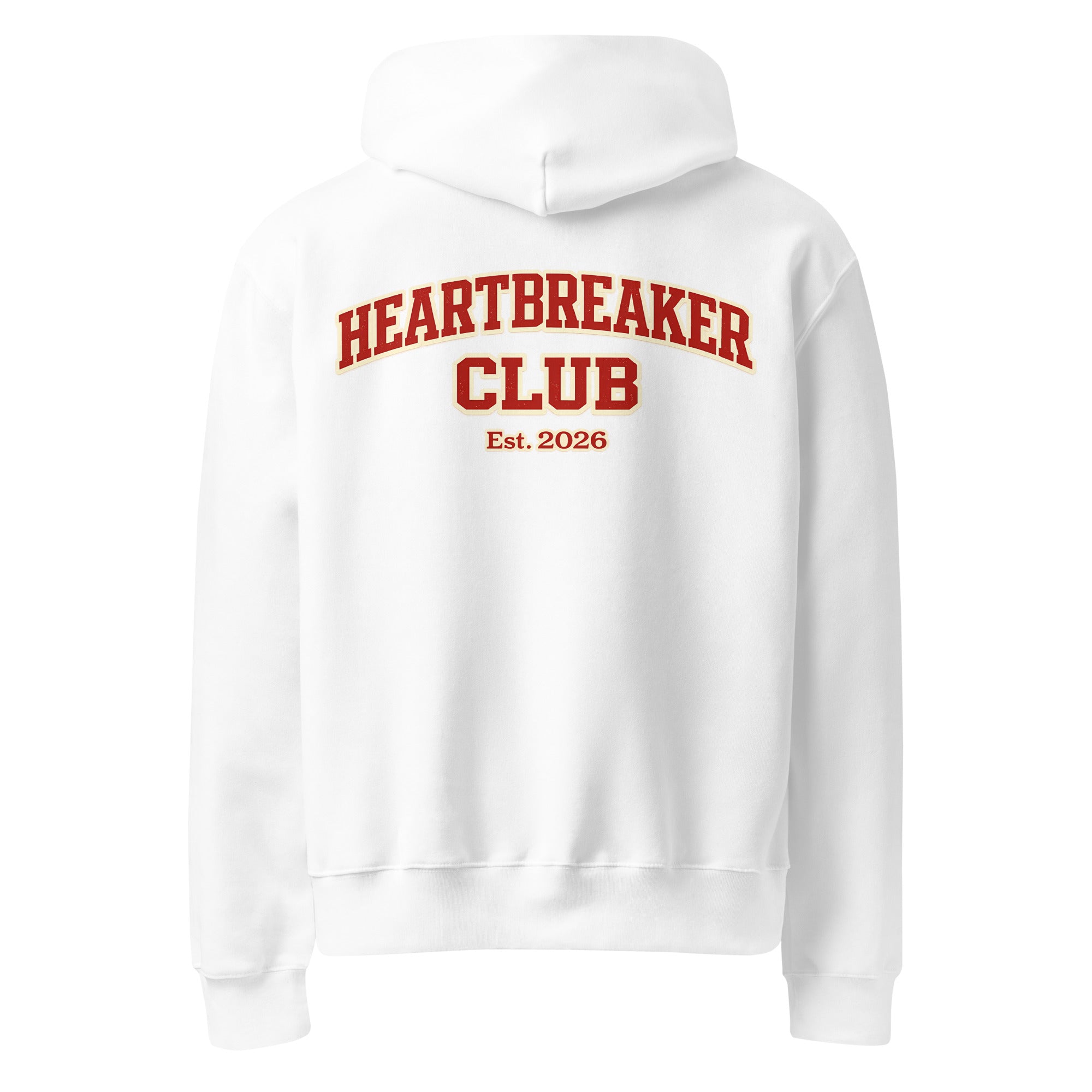 White hoodie featuring large Heartbreaker Club 14 varsity graphic with “Est. 2026” on back.