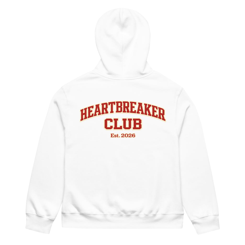 White hoodie featuring large Heartbreaker Club 14 varsity graphic with “Est. 2026” on back.