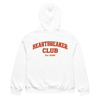 White hoodie featuring large Heartbreaker Club 14 varsity graphic with “Est. 2026” on back.