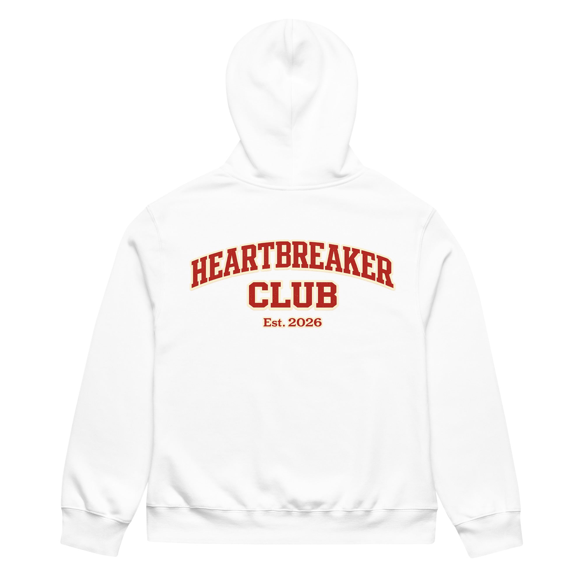 White hoodie featuring large Heartbreaker Club 14 varsity graphic with “Est. 2026” on back.