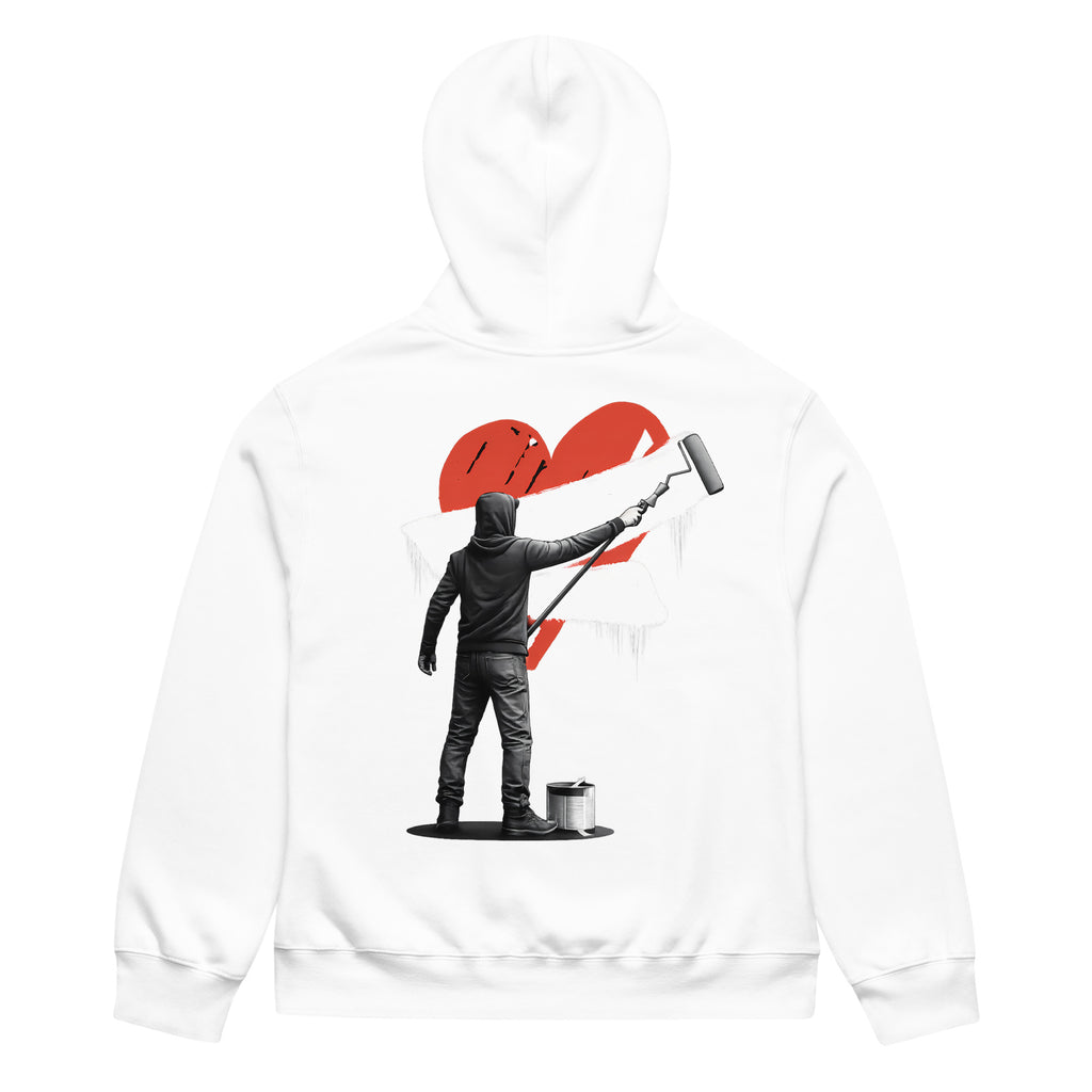 White oversized hoodie with red heart street art back graphic
