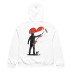 White oversized hoodie with red heart street art back graphic