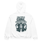 White women’s oversized hoodie with “Multiple Girl Personalities” graphic print on the back, women’s streetwear fashion sweatshirt product image.