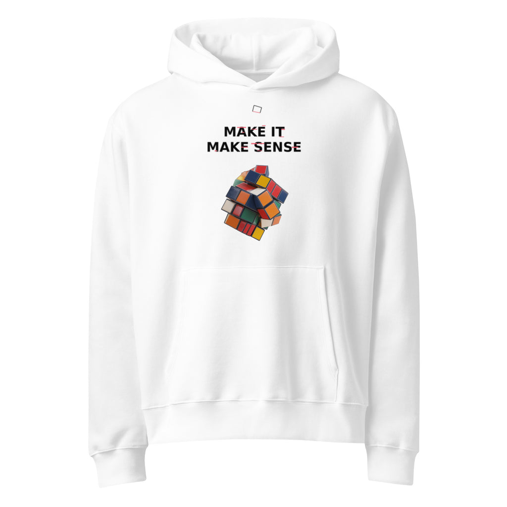 Oversized white streetwear hoodie with make it make sense typography and colorful distorted cube graphic, front view