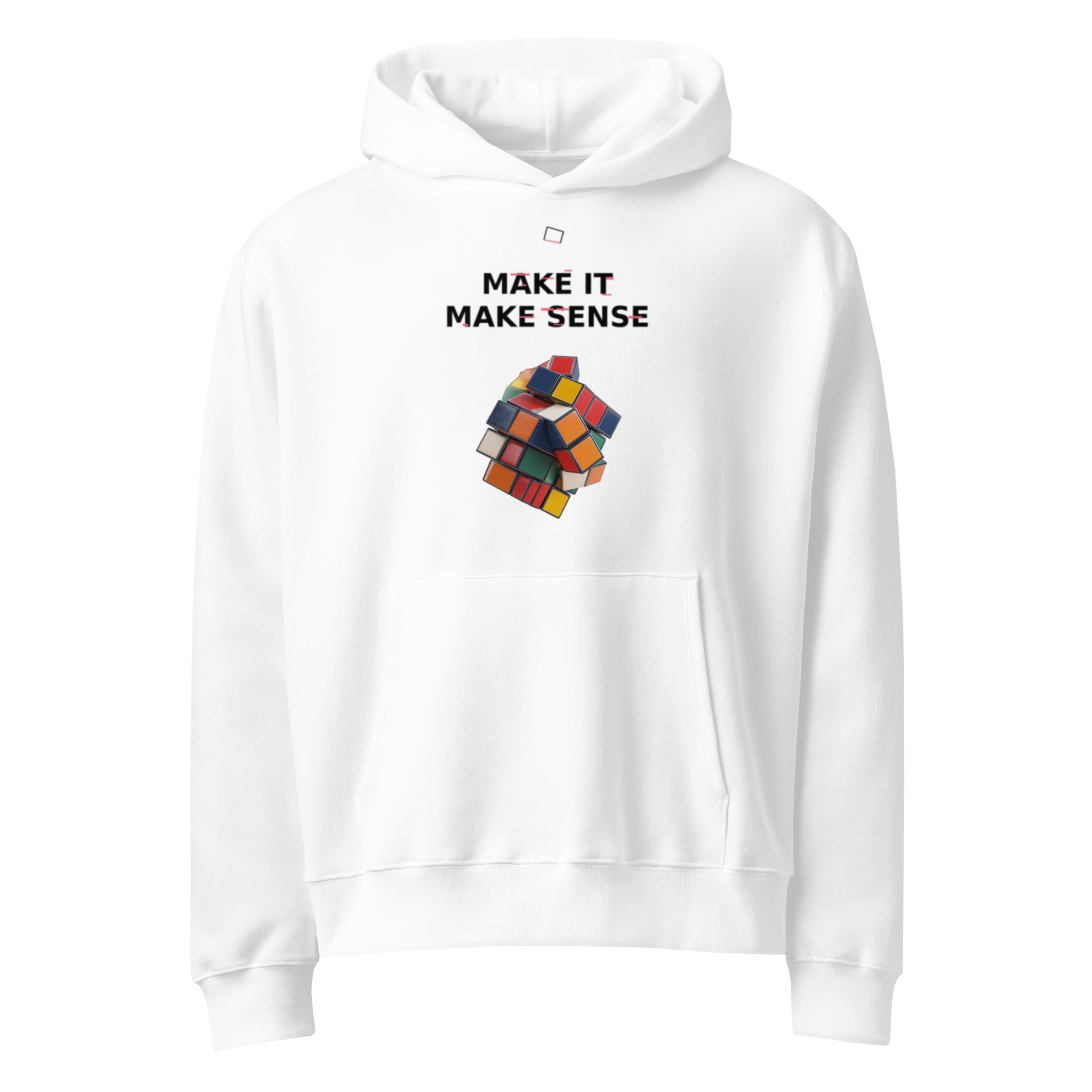 Oversized white streetwear hoodie with make it make sense typography and colorful distorted cube graphic, front view