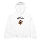 Oversized white streetwear hoodie with make it make sense typography and colorful distorted cube graphic, front view