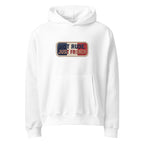White oversized hoodie with “Not Rude Just French” statement patch, front view