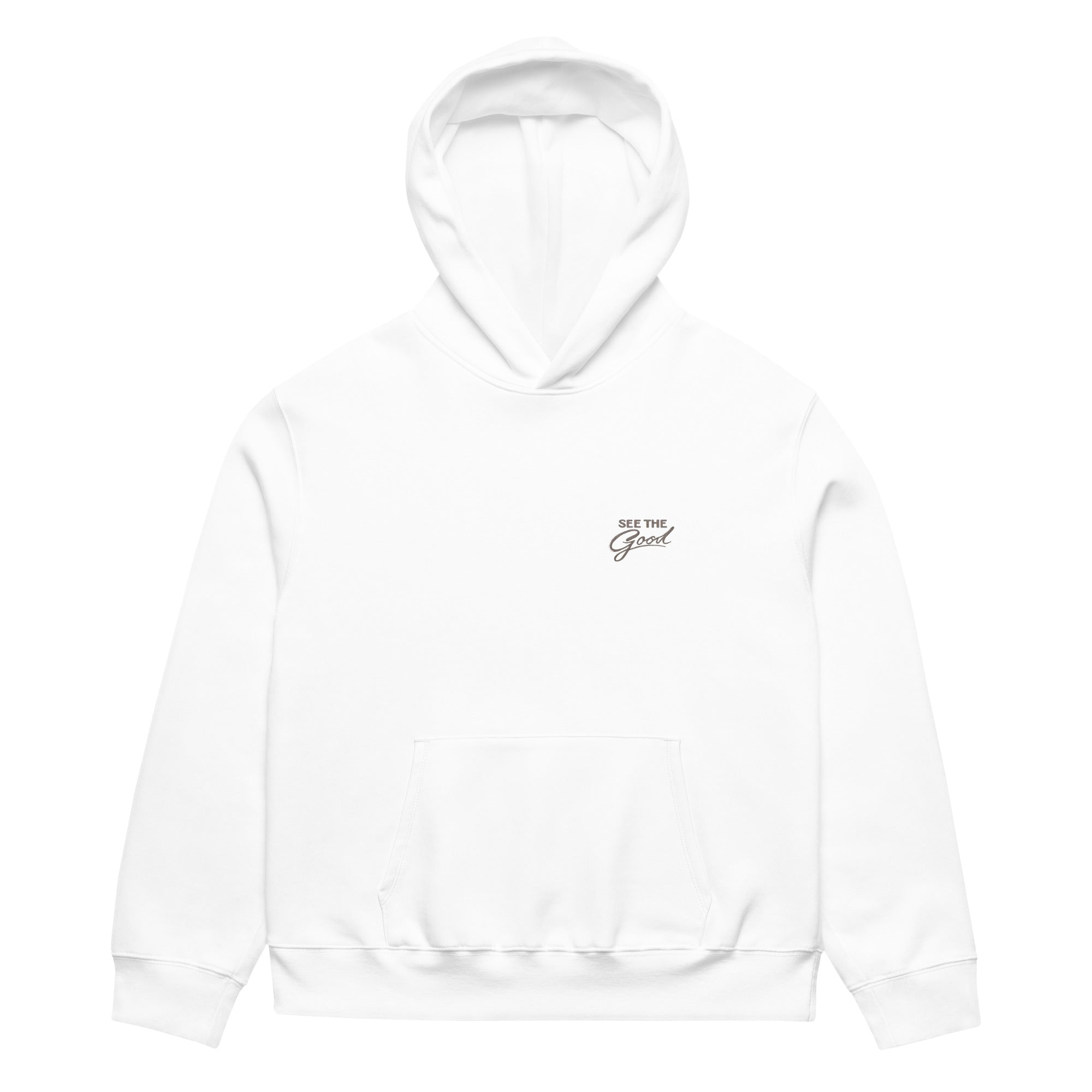 White unisex streetwear hoodie front view with minimalist chest logo and “See The Good” message
