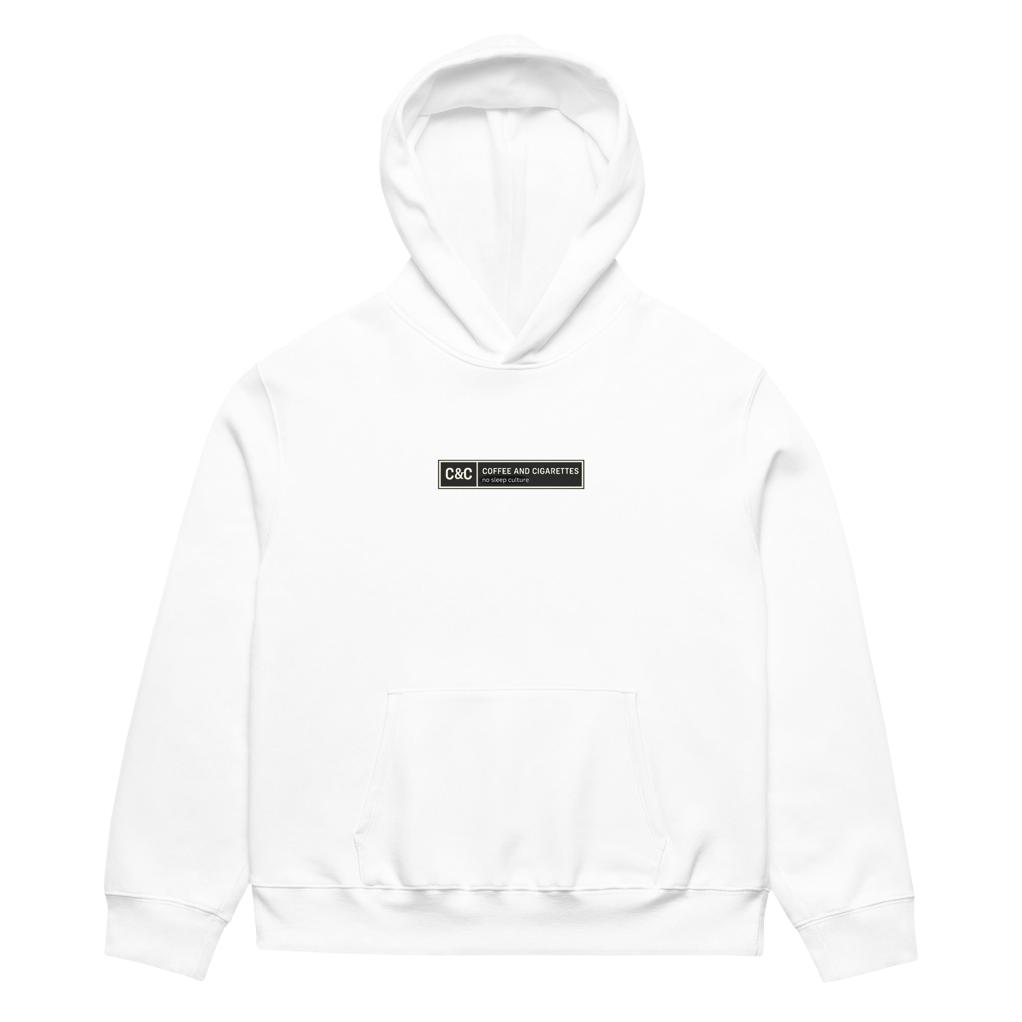 unisex streetwear hoodie front view with minimalist chest logo and coffee club typography design
