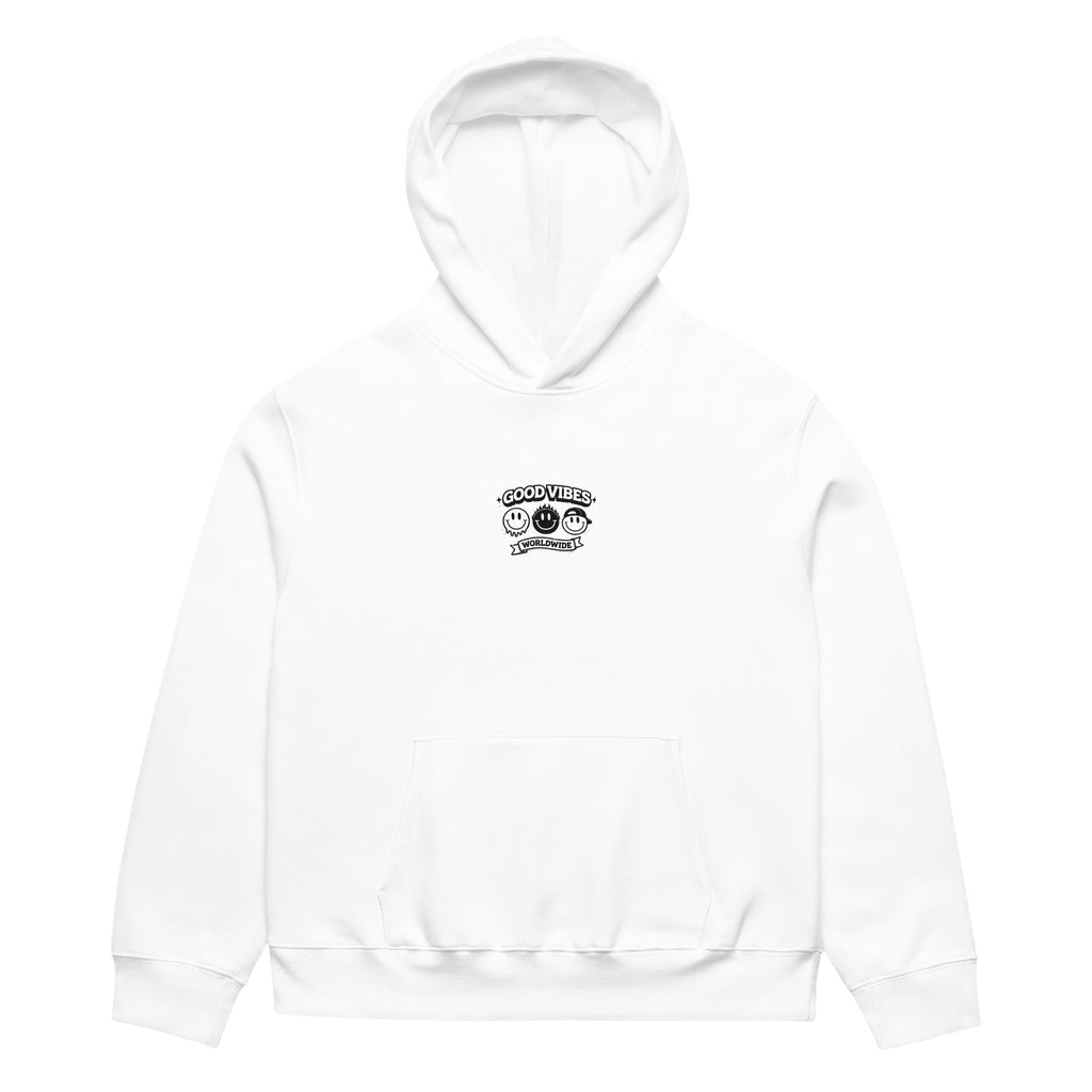 white unisex hoodie front view with small minimalist chest logo
