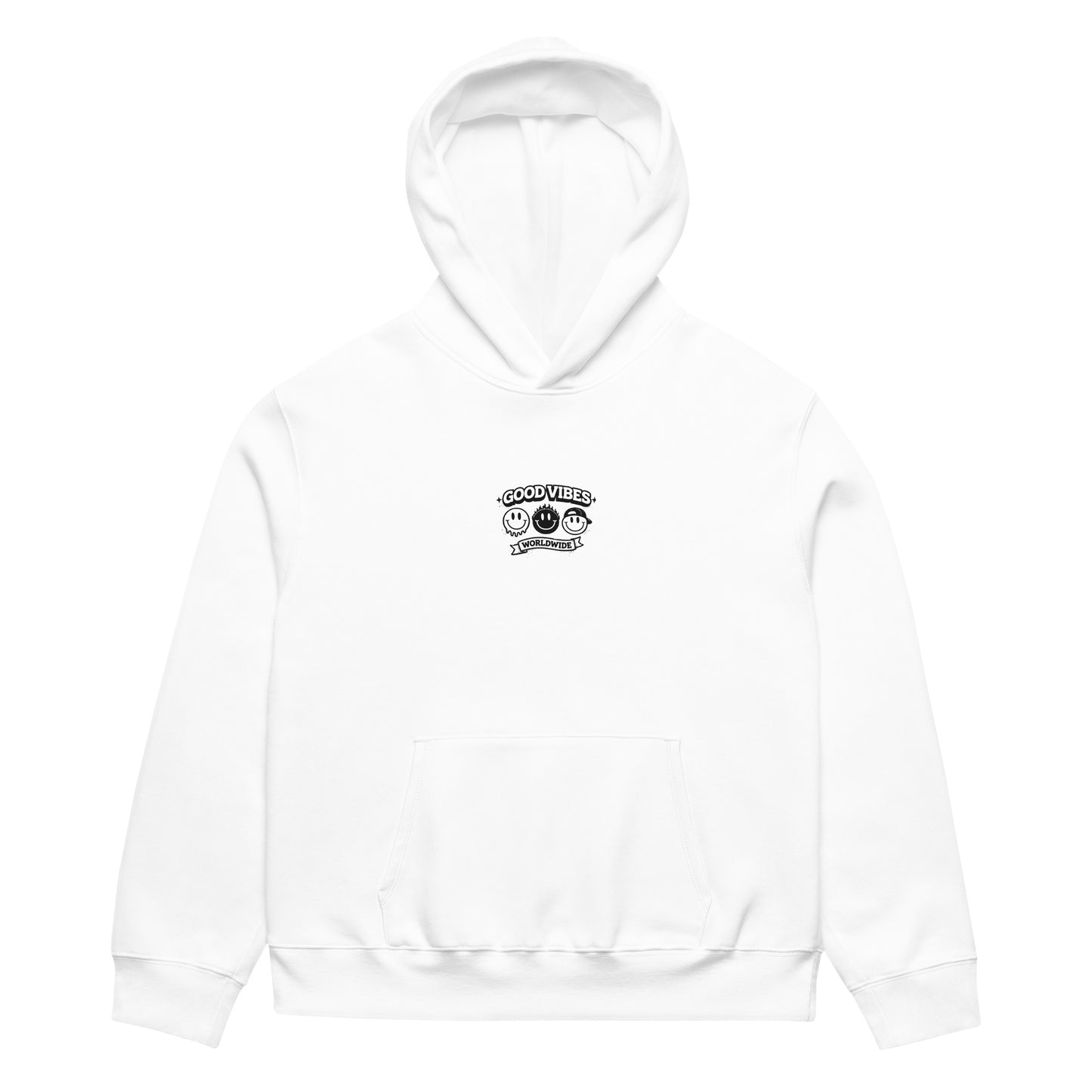 white unisex hoodie front view with small minimalist chest logo
