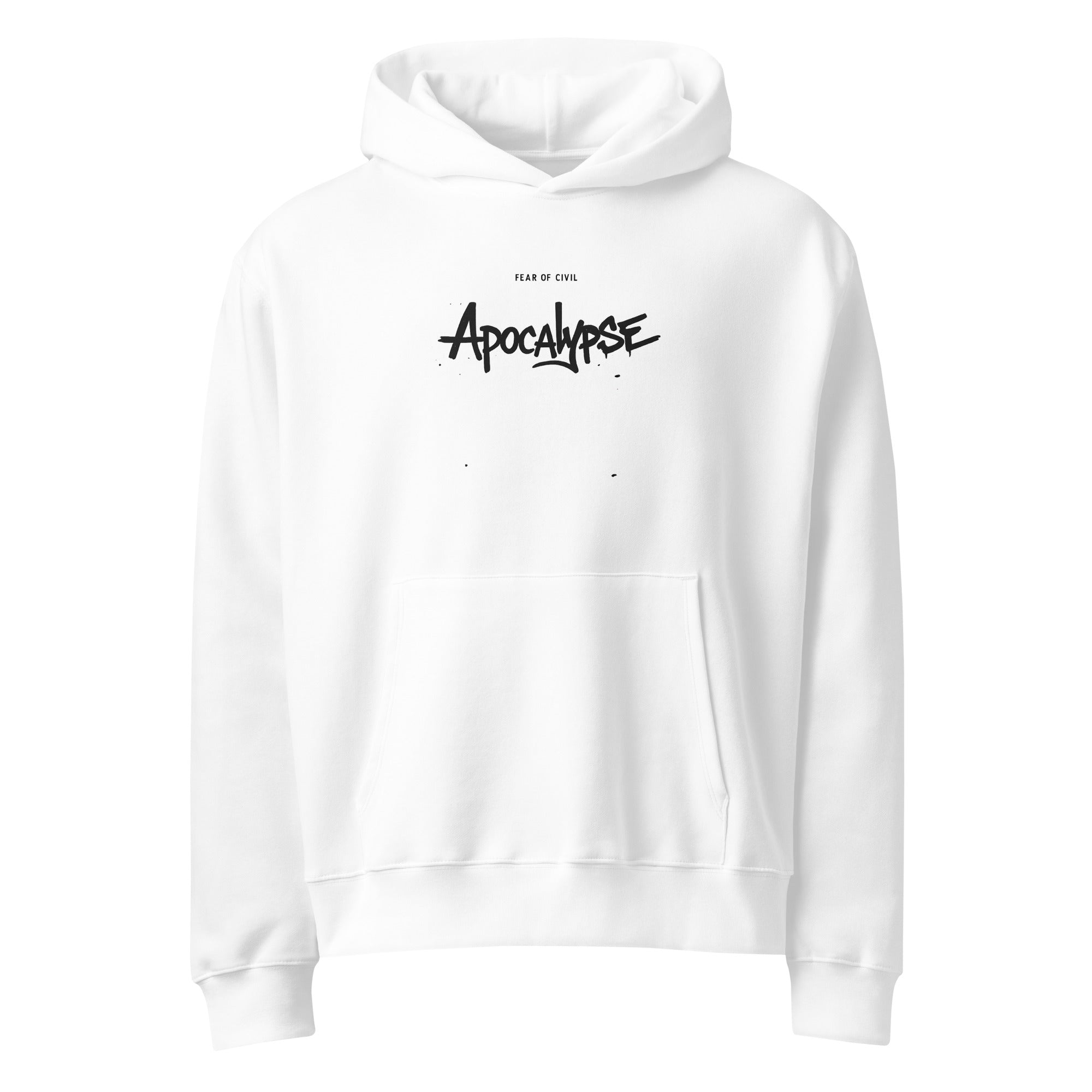 White Noiré hoodie with small “Apocalypse” chest logo, front view, minimalist streetwear sweatshirt mockup, studio background.