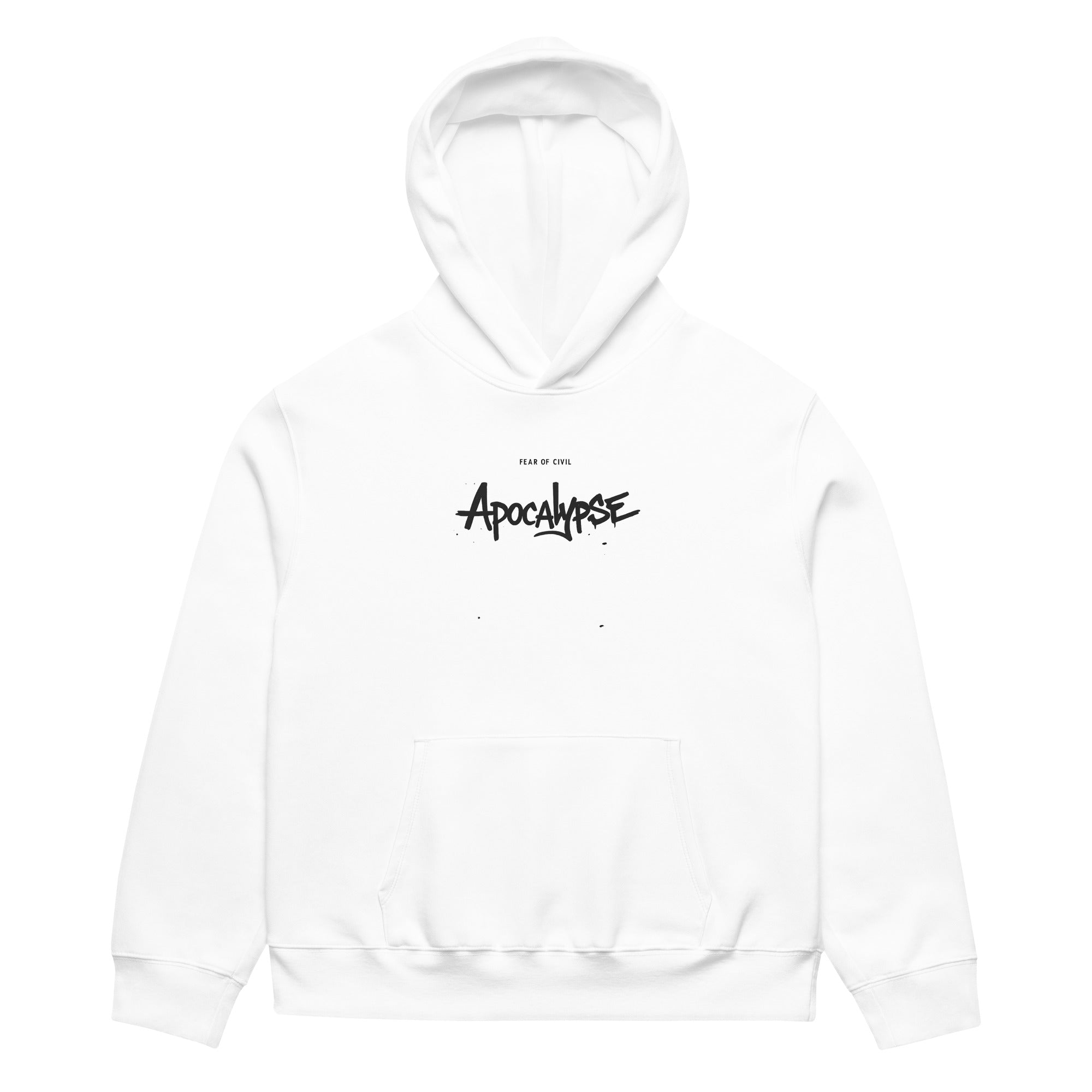 White Noiré hoodie with small “Apocalypse” chest logo, front view, minimalist streetwear sweatshirt mockup, studio background.