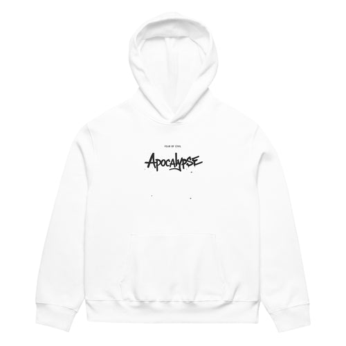 White Noiré hoodie with small “Apocalypse” chest logo, front view, minimalist streetwear sweatshirt mockup, studio background.