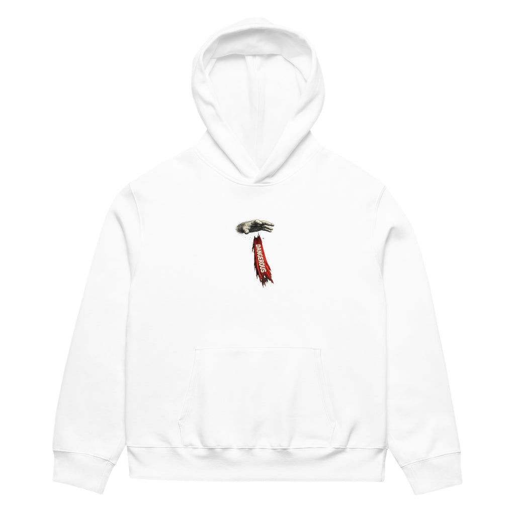 White oversized hoodie front view with small vertical red chest logo