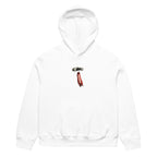 White oversized hoodie front view with small vertical red chest logo