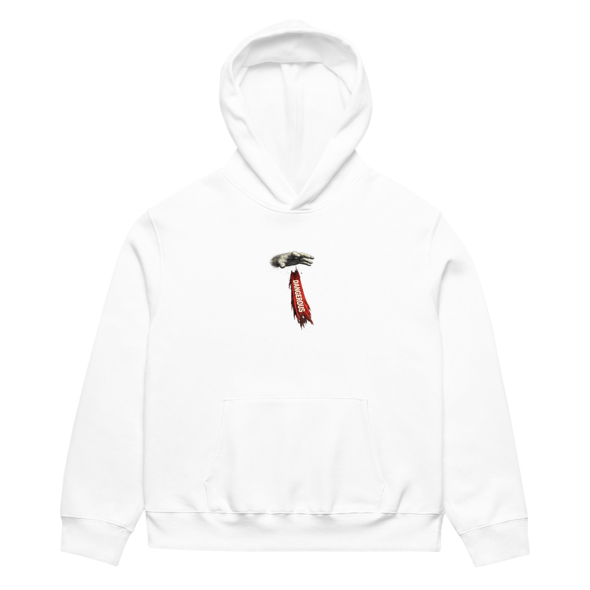 White oversized hoodie front view with small vertical red chest logo