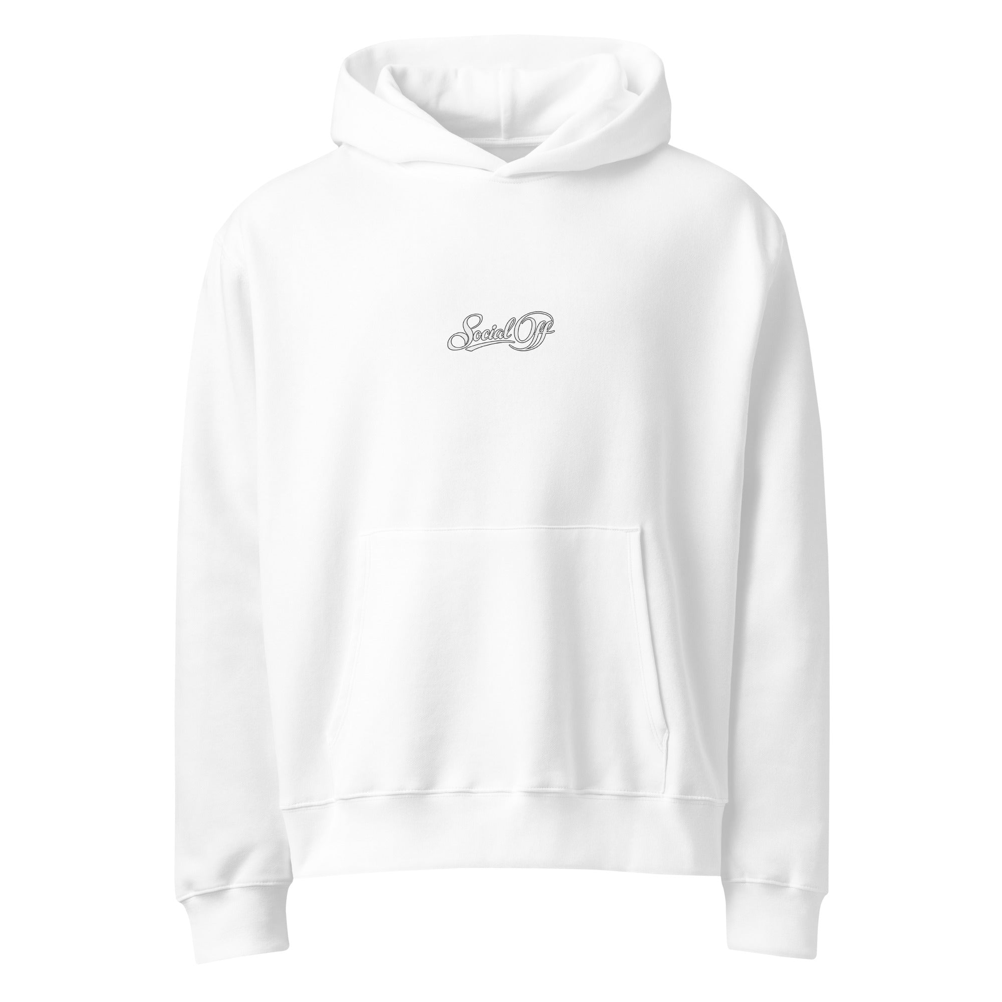 Oversized streetwear hoodie in white with minimal Social Off chest logo, front view