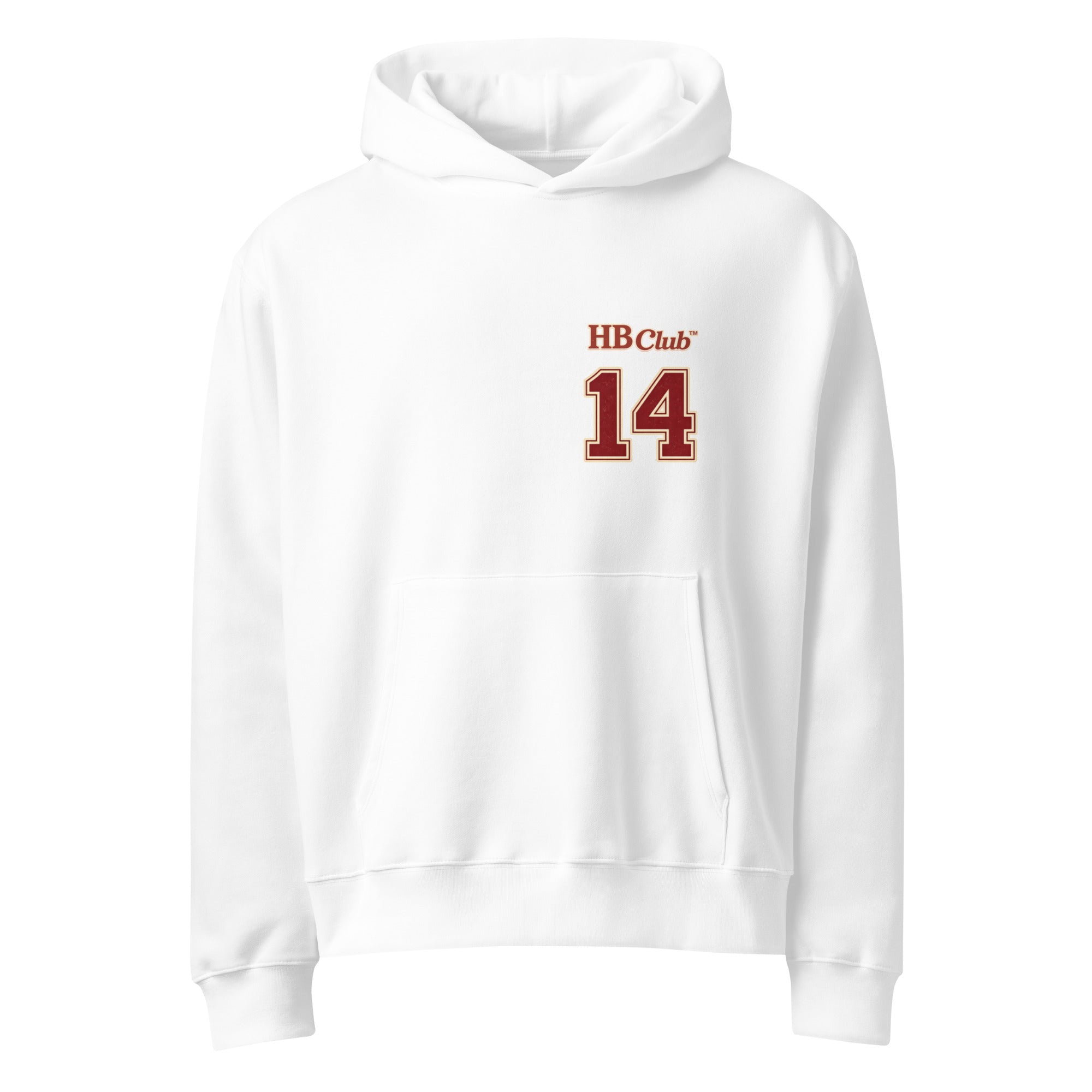 White Heartbreaker Club 14 hoodie with small HB Club 14 varsity print on front chest.