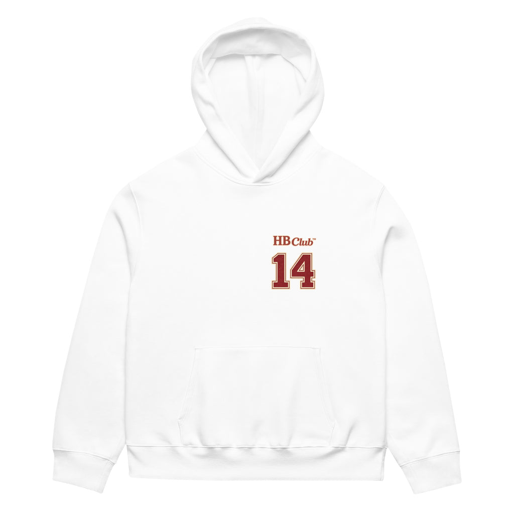 White Heartbreaker Club 14 hoodie with small HB Club 14 varsity print on front chest.