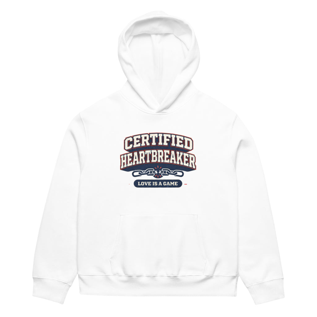White hoodie front view with “Certified Heartbreaker” varsity-style graphic and “Love Is a Game” slogan in red and navy collegiate typography.